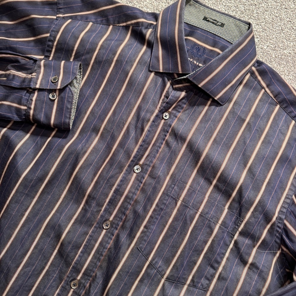 Bugatchi Uomo Shirt Mens XXL Blue Striped 100% Cotton Classic Fit Designer VTG